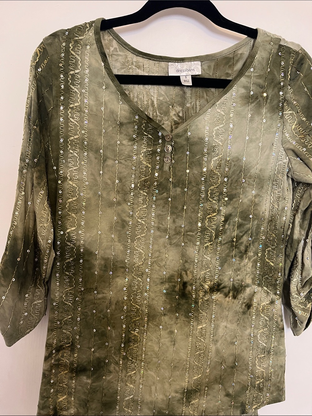 dress barn Olive Green top whimsigoth 3/4 sleeve sequin